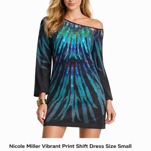 Nicole Miller Peacock Print Long Sleeve Shift Dress Size Small